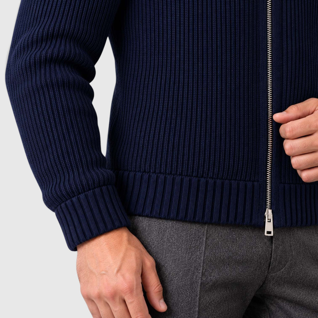 Monvaline | Men's Faux Fur Collar Ribbed Knit Zip Cardigan