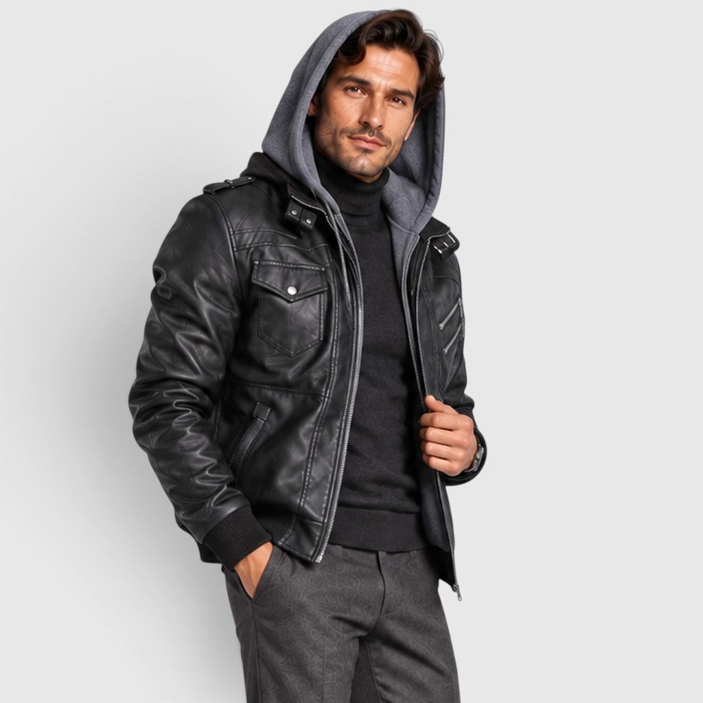 Monvaline | Men's Faux Leather Biker Jacket – Hooded Zip-Up Cold Weather Coat