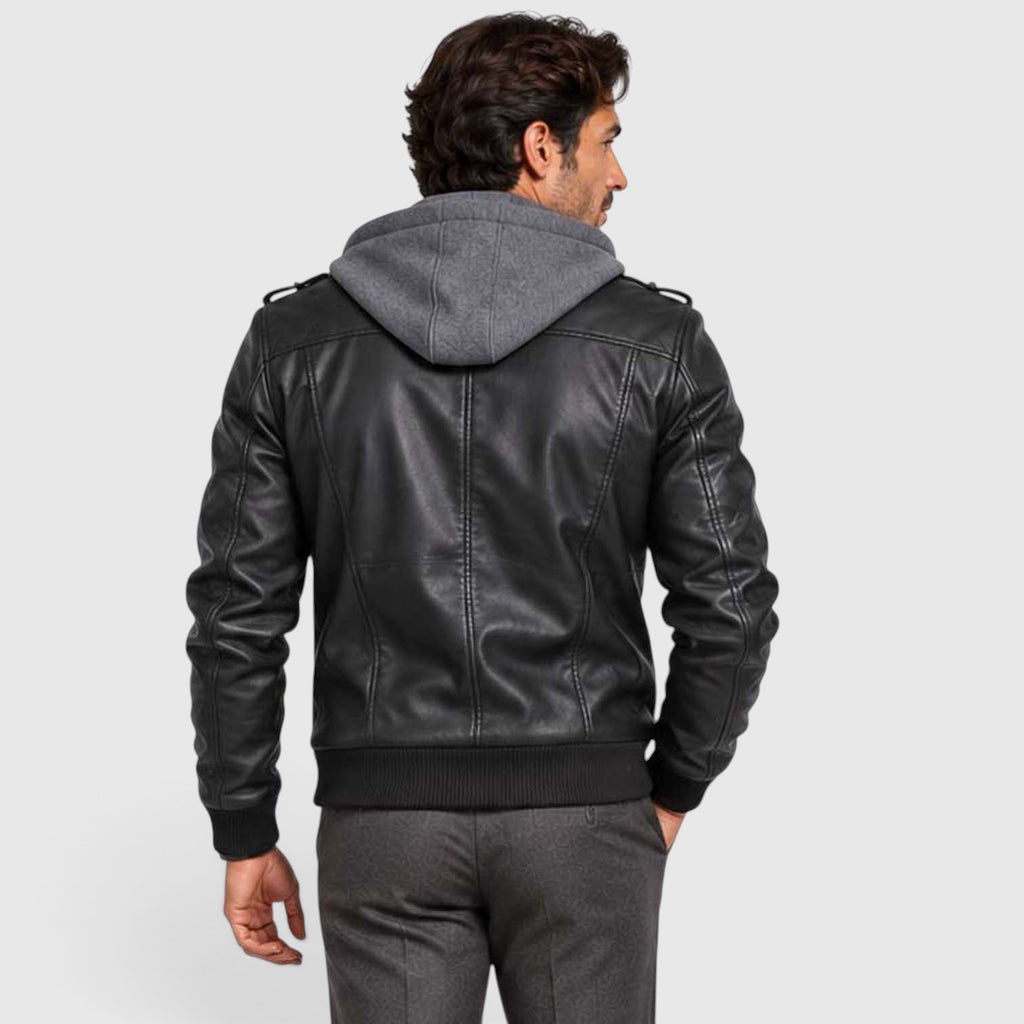 Monvaline | Men's Faux Leather Biker Jacket – Hooded Zip-Up Cold Weather Coat