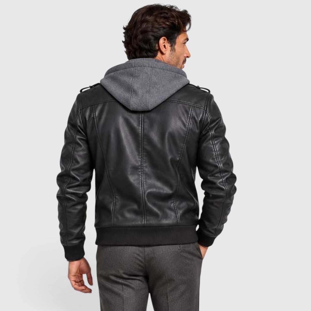 Monvaline | Men's Faux Leather Biker Jacket – Hooded Zip-Up Cold Weather Coat