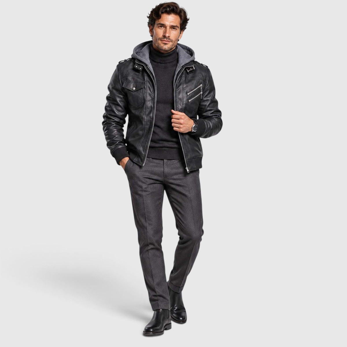 Monvaline | Men's Faux Leather Biker Jacket – Hooded Zip-Up Cold Weather Coat