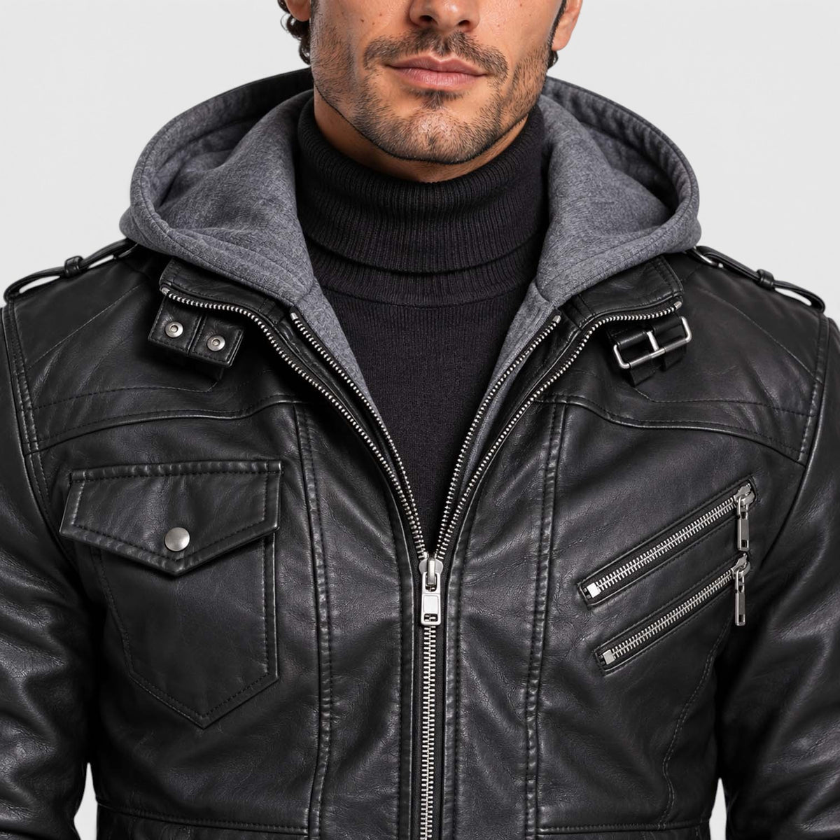 Monvaline | Men's Faux Leather Biker Jacket – Hooded Zip-Up Cold Weather Coat