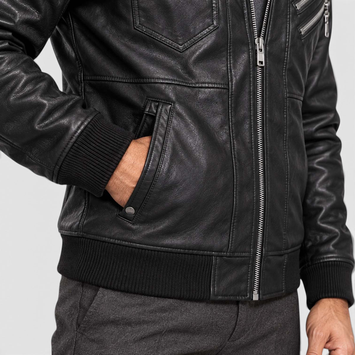 Monvaline | Men's Faux Leather Biker Jacket – Hooded Zip-Up Cold Weather Coat