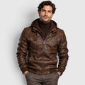 Monvaline | Men's Faux Leather Biker Jacket – Hooded Zip-Up Cold Weather Coat