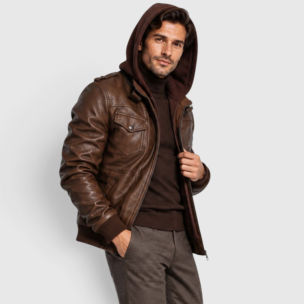 Monvaline | Men's Faux Leather Biker Jacket – Hooded Zip-Up Cold Weather Coat