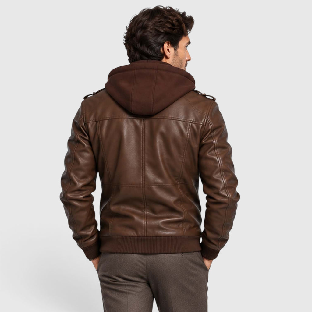 Monvaline | Men's Faux Leather Biker Jacket – Hooded Zip-Up Cold Weather Coat