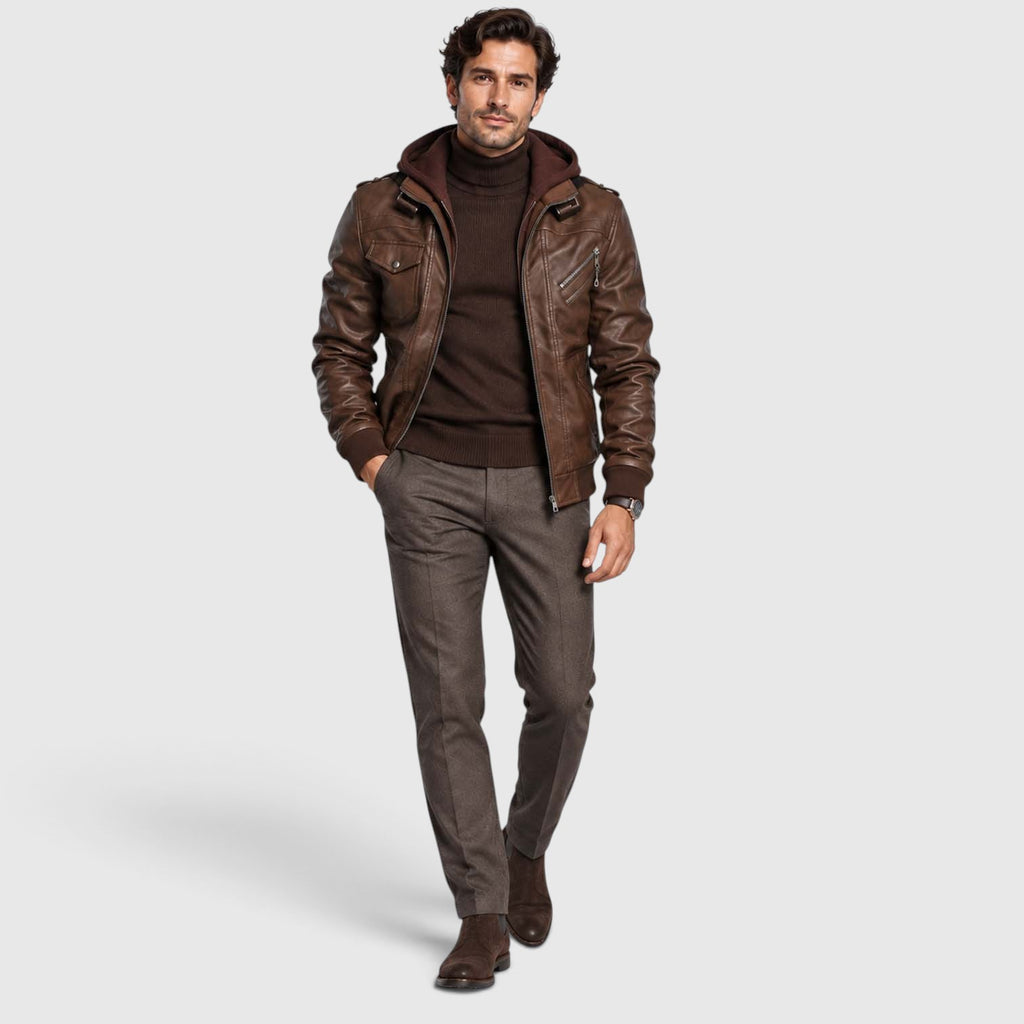 Monvaline | Men's Faux Leather Biker Jacket – Hooded Zip-Up Cold Weather Coat