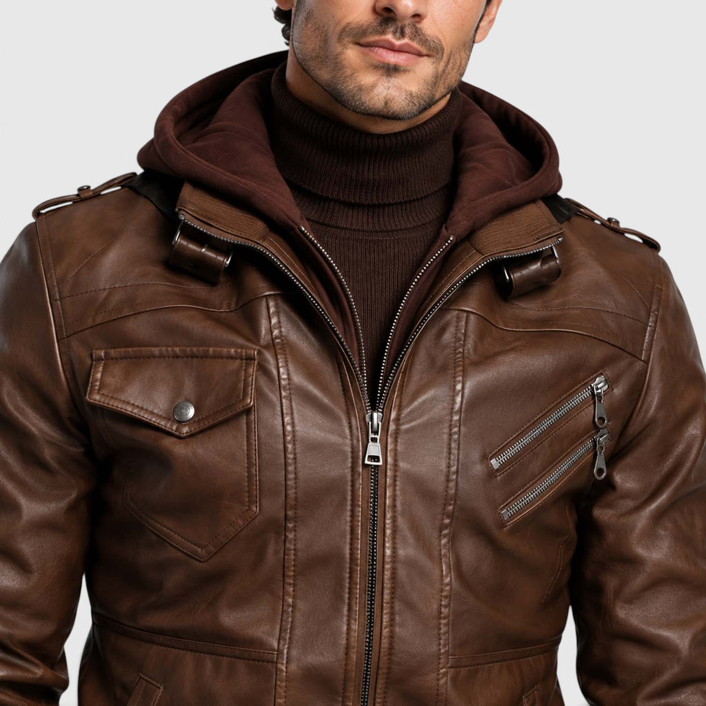 Monvaline | Men's Faux Leather Biker Jacket – Hooded Zip-Up Cold Weather Coat