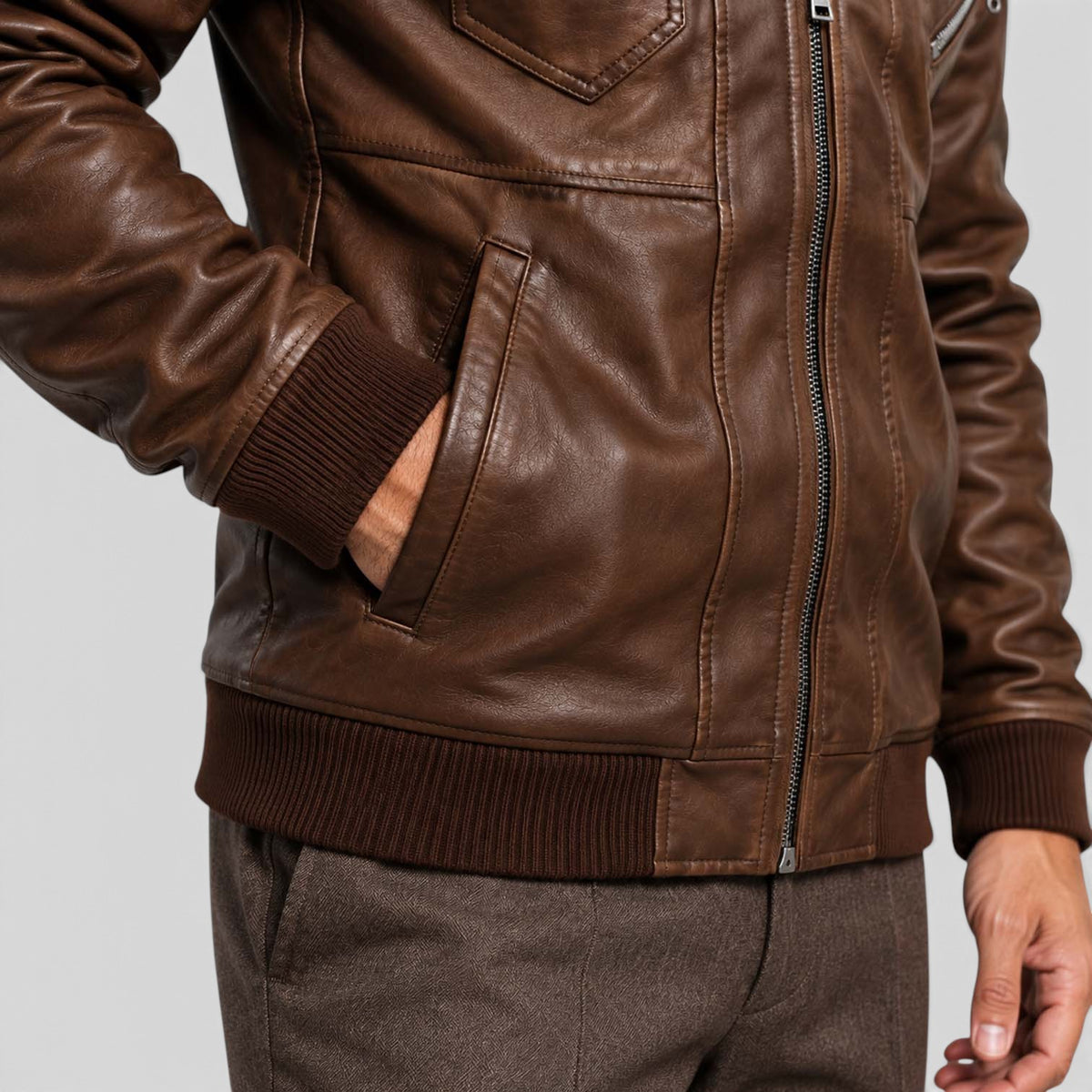Monvaline | Men's Faux Leather Biker Jacket – Hooded Zip-Up Cold Weather Coat