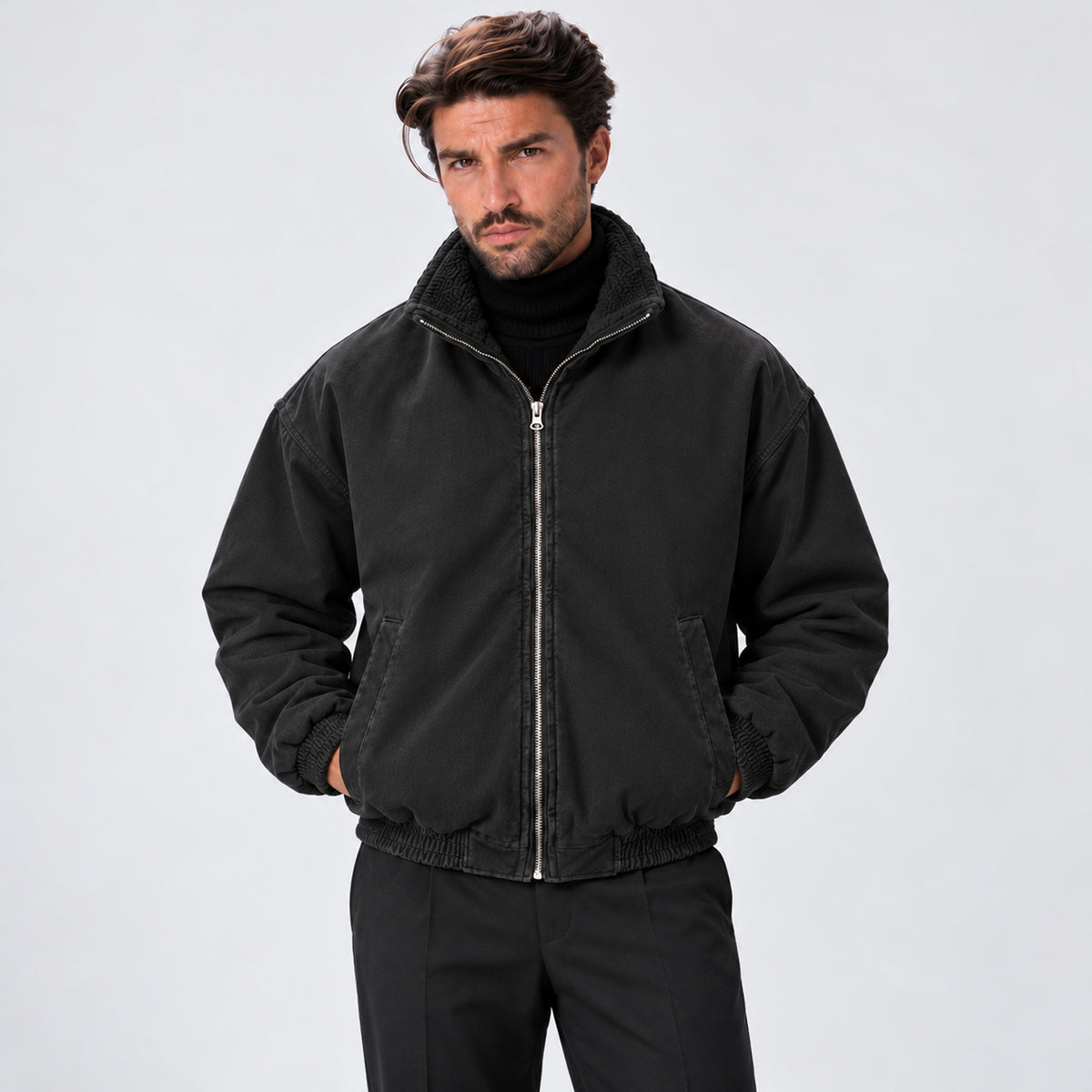 Monvaline | Men's Fleece-Lined Bomber Jacket – Warm Full-Zip Winter Coat