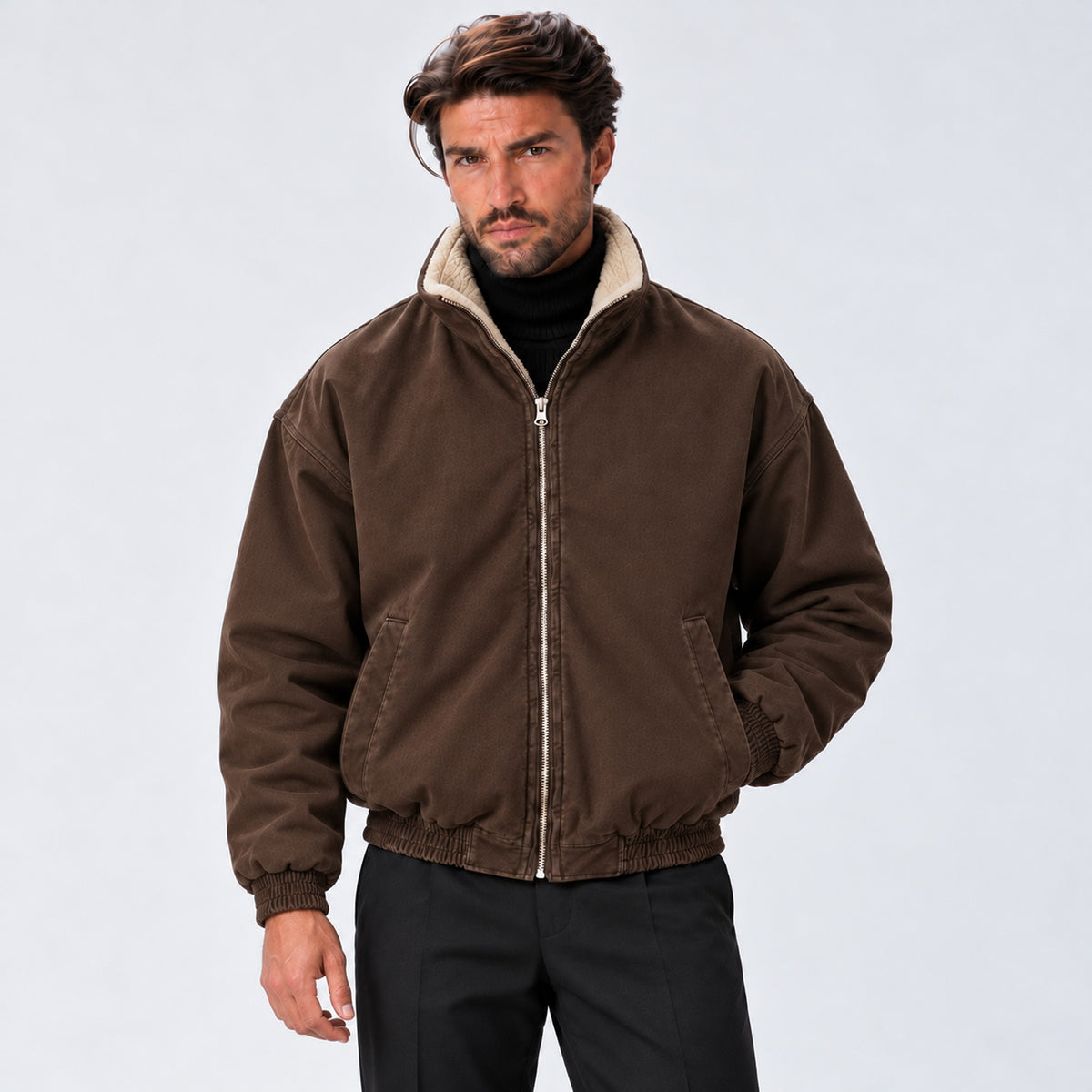 Monvaline | Men's Fleece-Lined Bomber Jacket – Warm Full-Zip Winter Coat