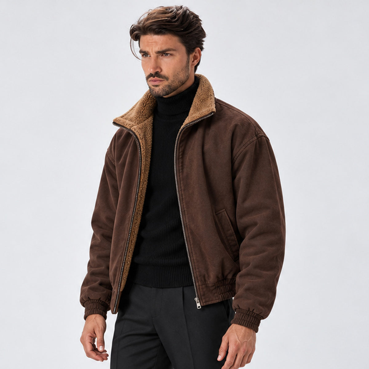 Monvaline | Men's Fleece-Lined Bomber Jacket – Warm Full-Zip Winter Coat