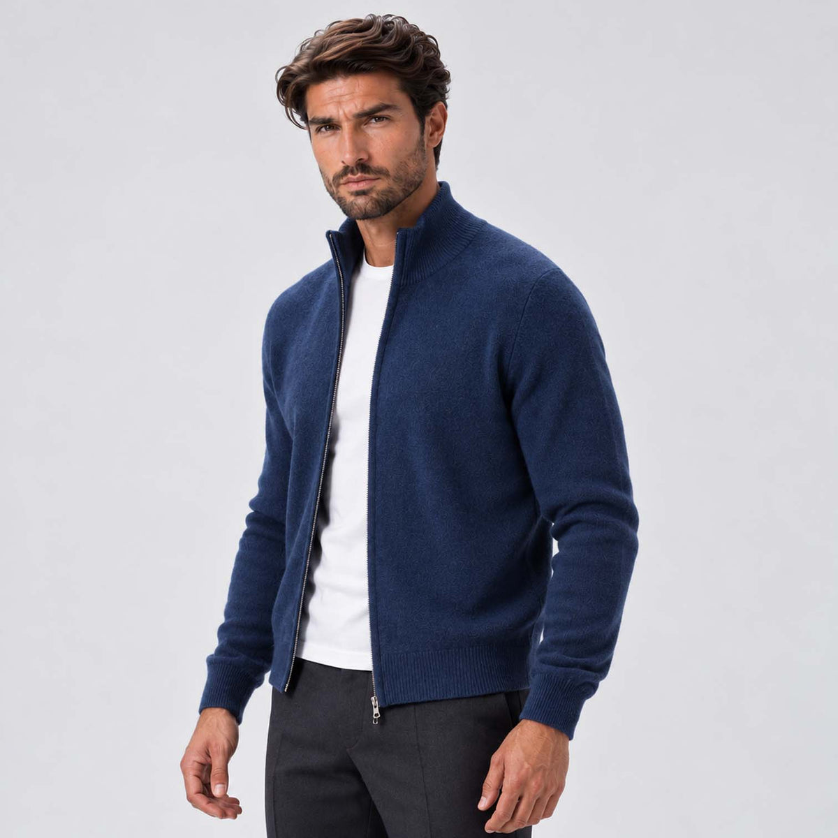 Monvaline | Men's Full Zip Knit Cardigan Stand Collar Sweater