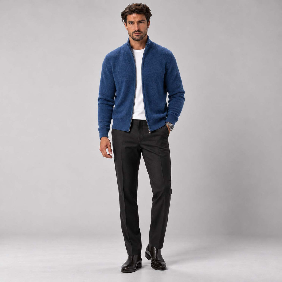 Monvaline | Men's Full Zip Knit Cardigan Stand Collar Sweater