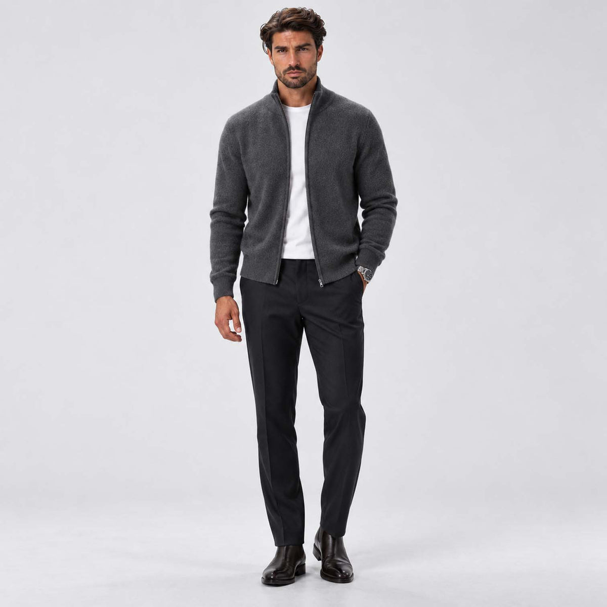 Monvaline | Men's Full Zip Knit Cardigan Stand Collar Sweater