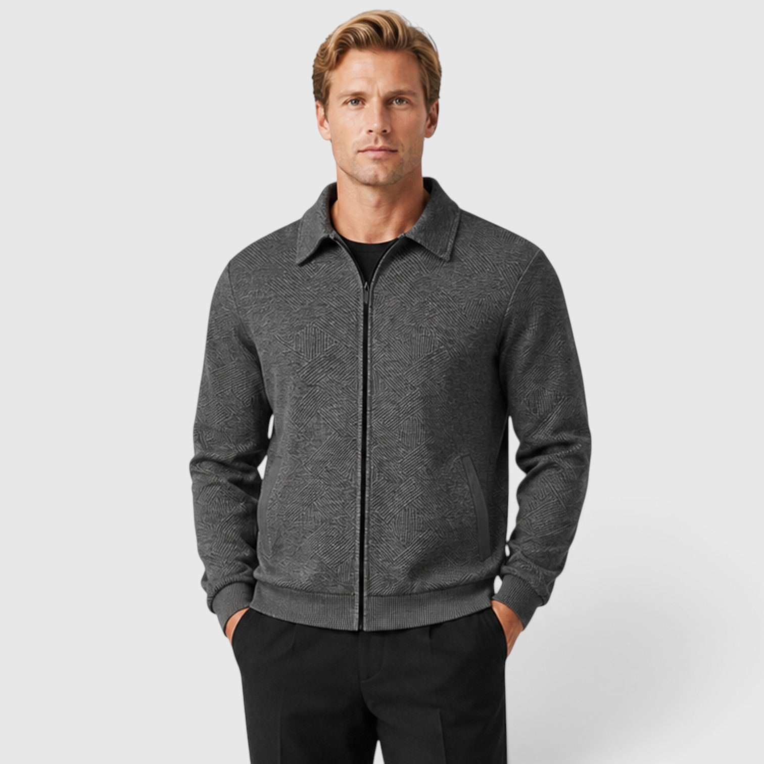 Monvaline | Men's Full Zip Textured Jacket Lightweight Autumn Style