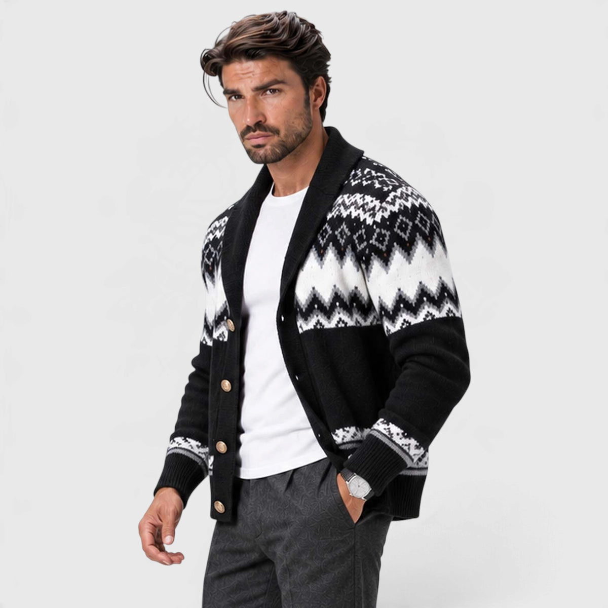 Monvaline | Men's Geometric Knit Cardigan Regular Fit