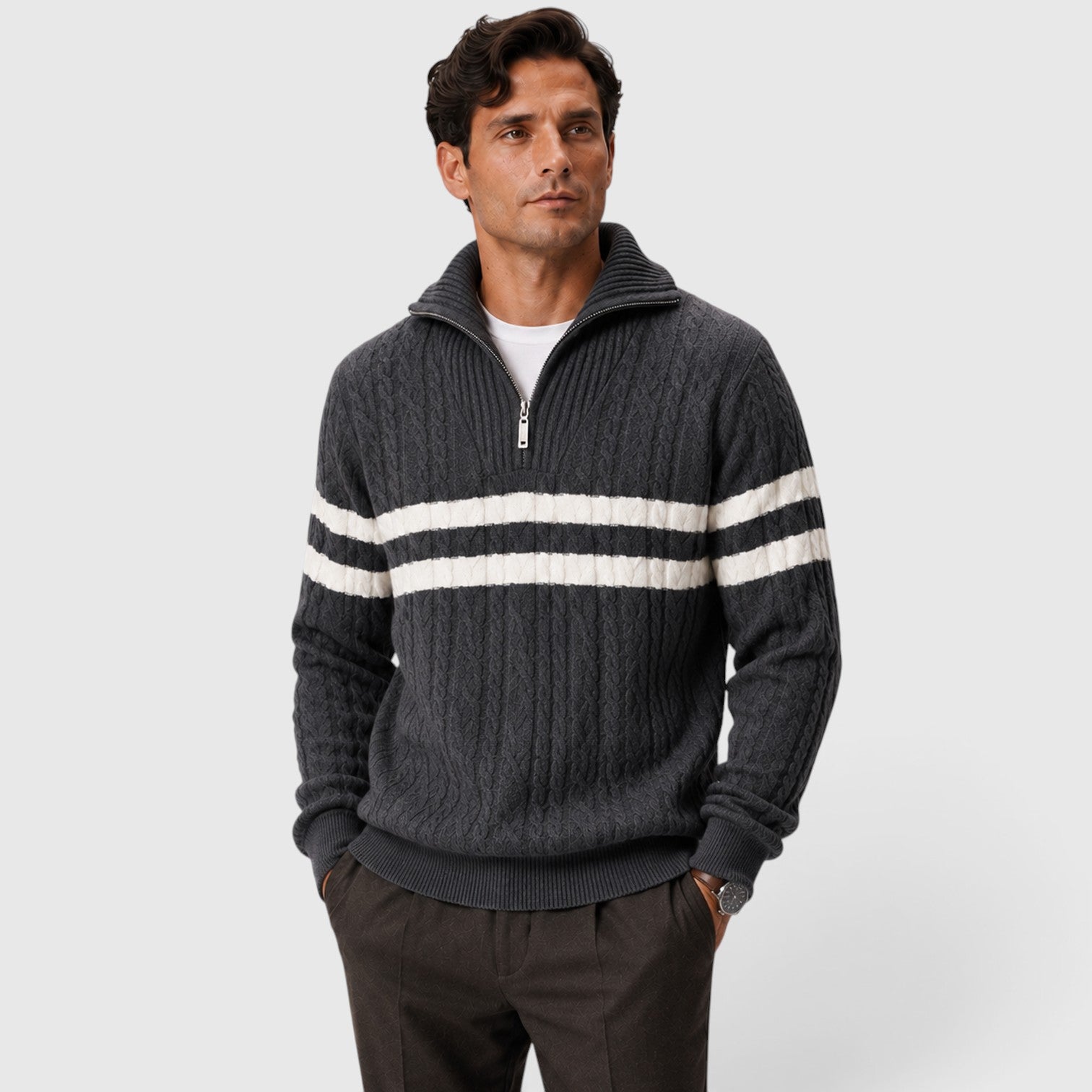 Monvaline | Men's Half-Zip Cable Knit Jumper – Striped Design