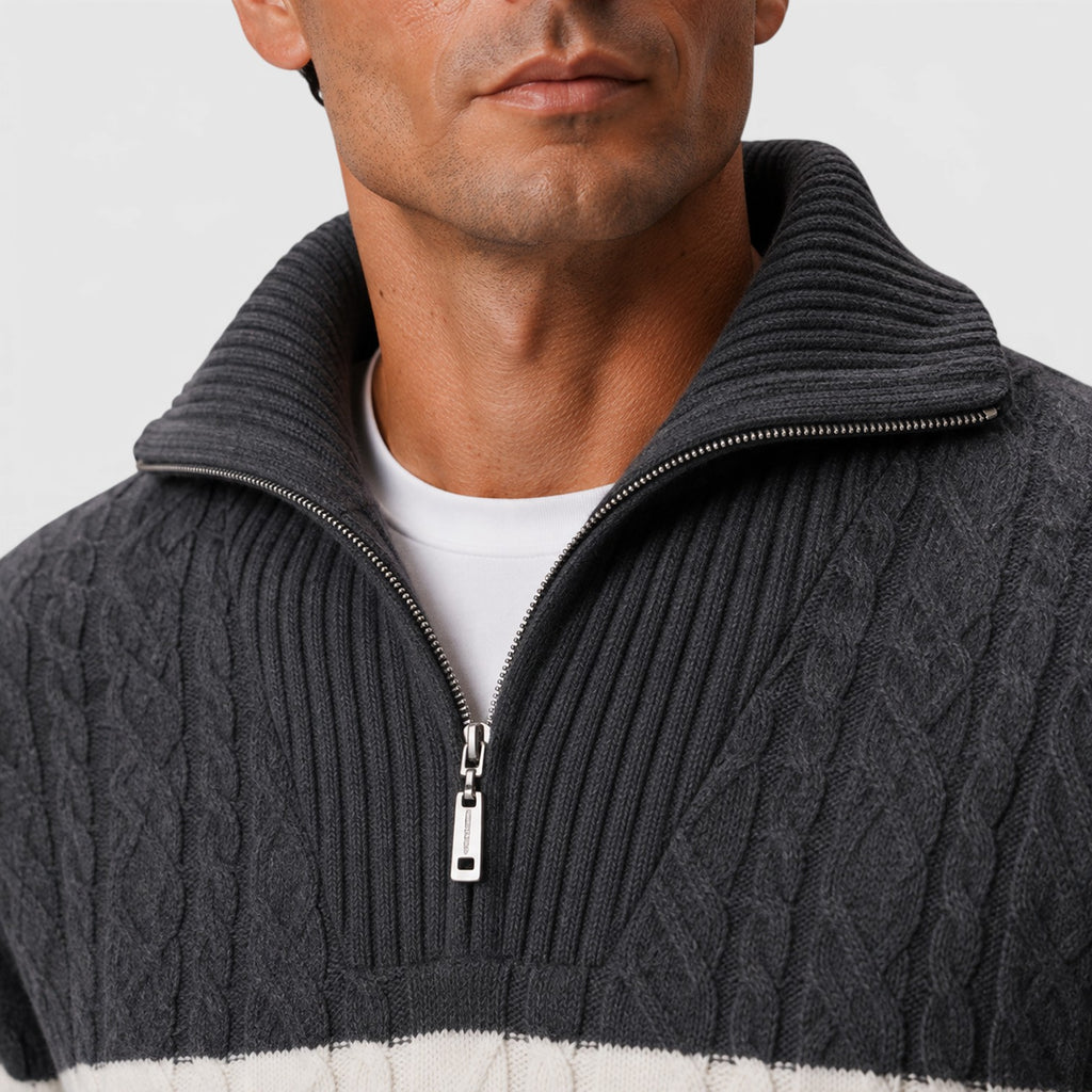 Monvaline | Men's Half-Zip Cable Knit Jumper – Striped Design