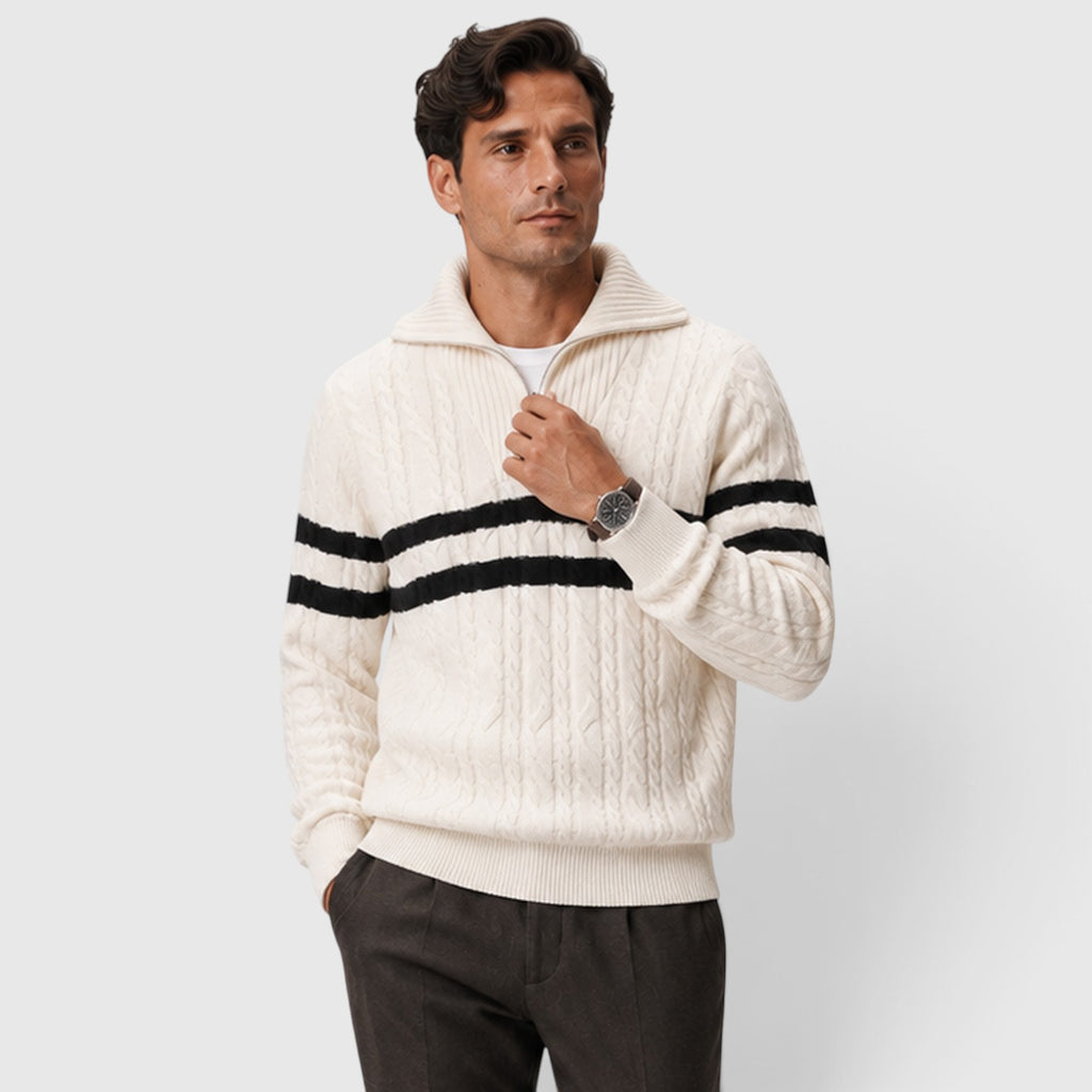 Monvaline | Men's Half-Zip Cable Knit Jumper – Striped Design