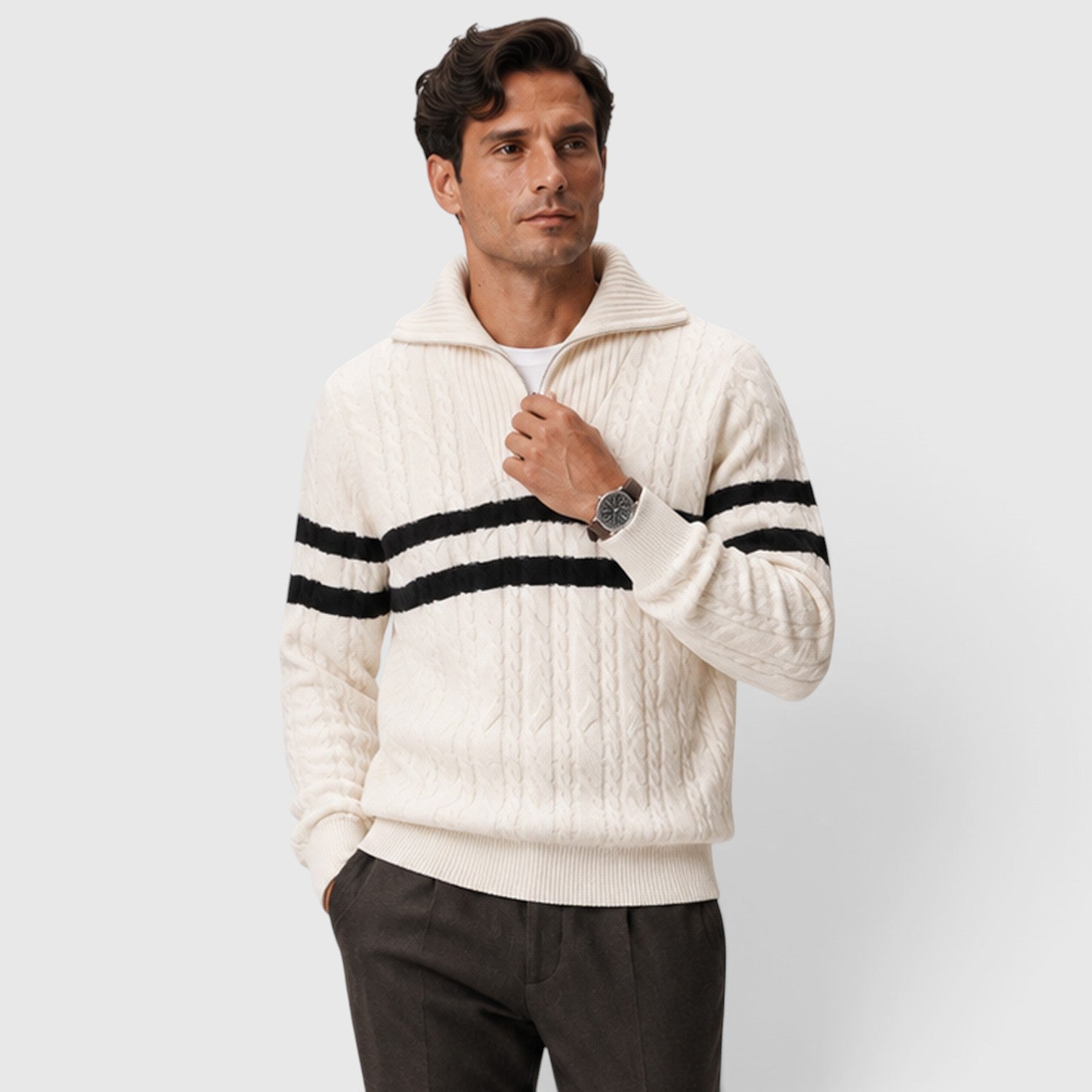 Monvaline | Men's Half-Zip Cable Knit Jumper – Striped Design