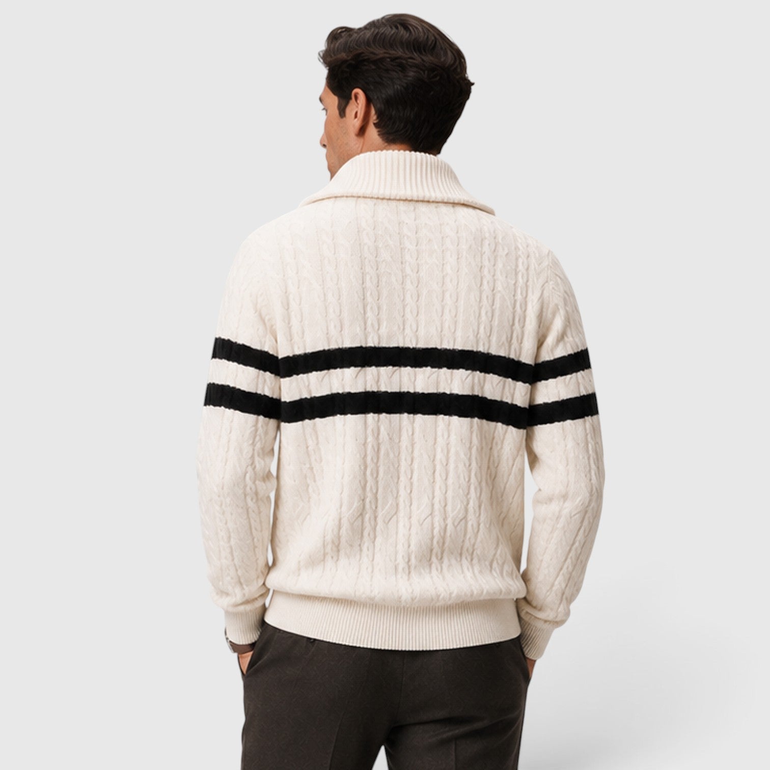 Monvaline | Men's Half-Zip Cable Knit Jumper – Striped Design