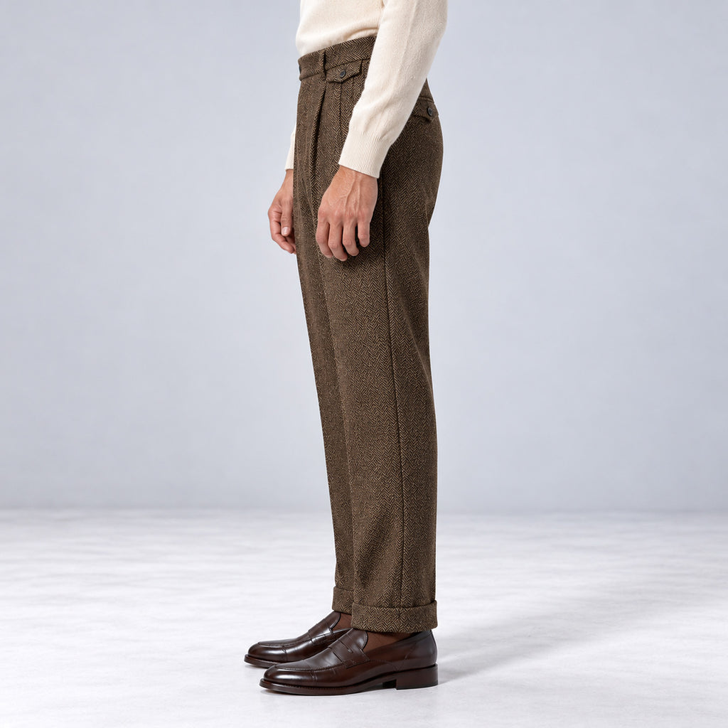 Monvaline | Men's Herringbone Tailored Trousers Straight Fit