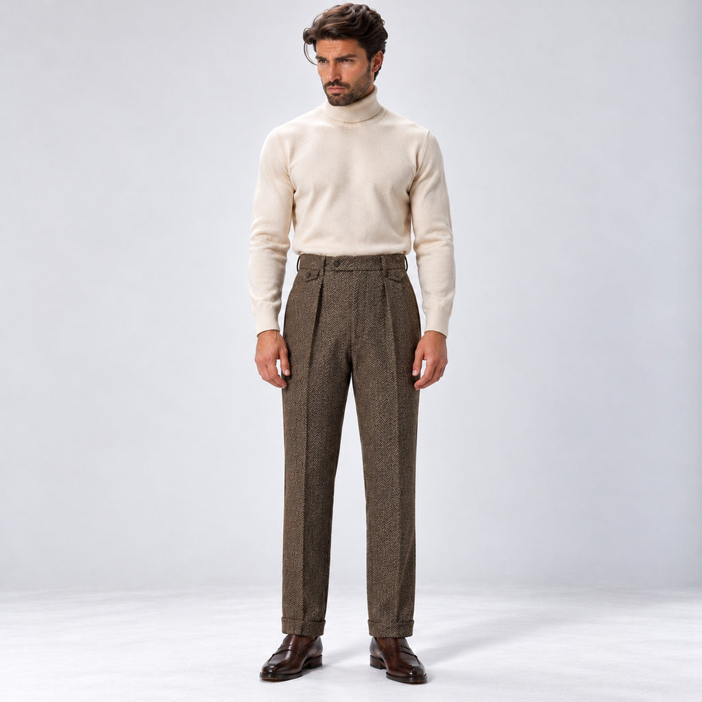 Monvaline | Men's Herringbone Tailored Trousers Straight Fit