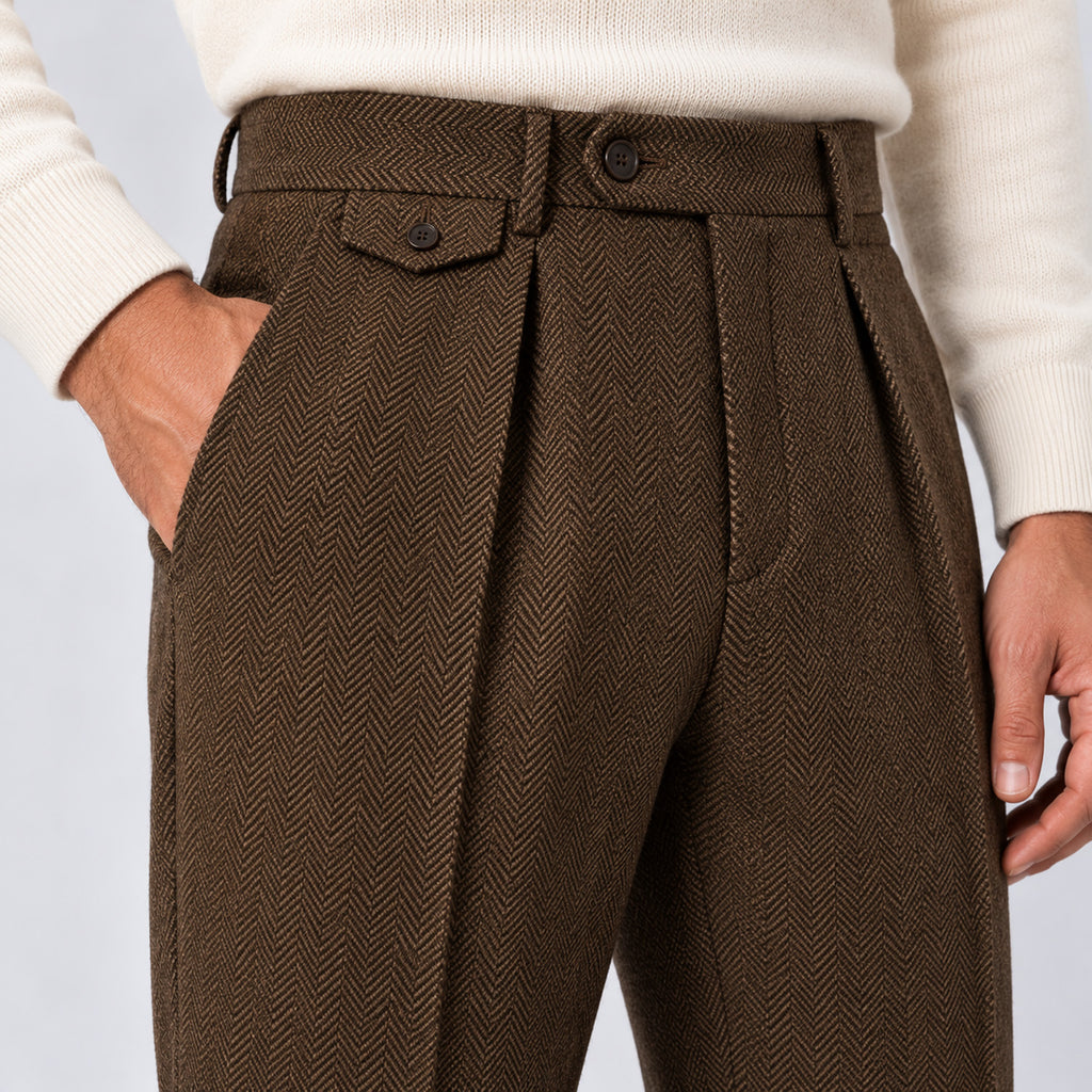 Monvaline | Men's Herringbone Tailored Trousers Straight Fit
