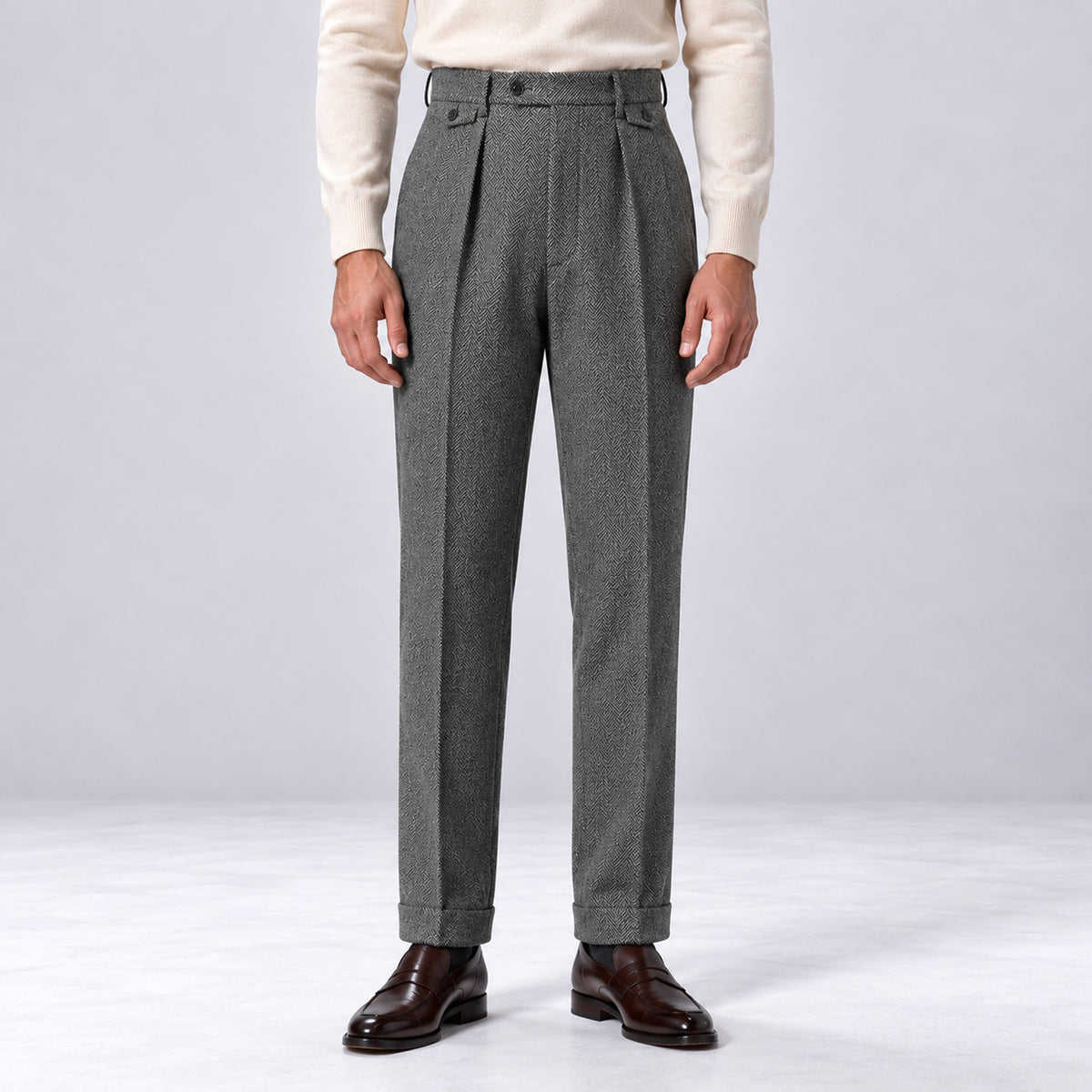 Monvaline | Men's Herringbone Tailored Trousers Straight Fit