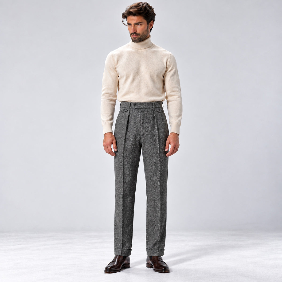 Monvaline | Men's Herringbone Tailored Trousers Straight Fit