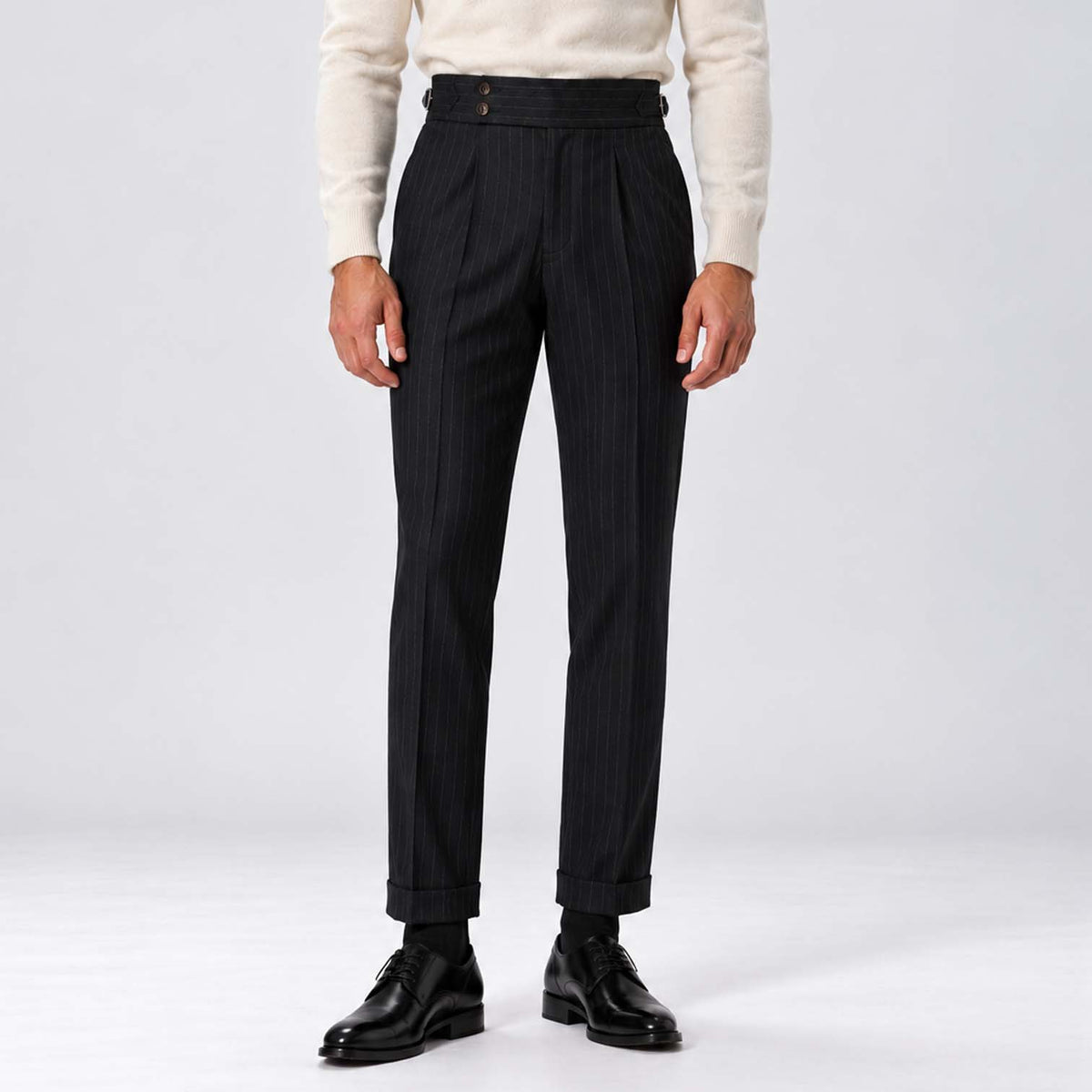 Monvaline | Men's High-Rise Pleated Tailored Trousers Pinstripe