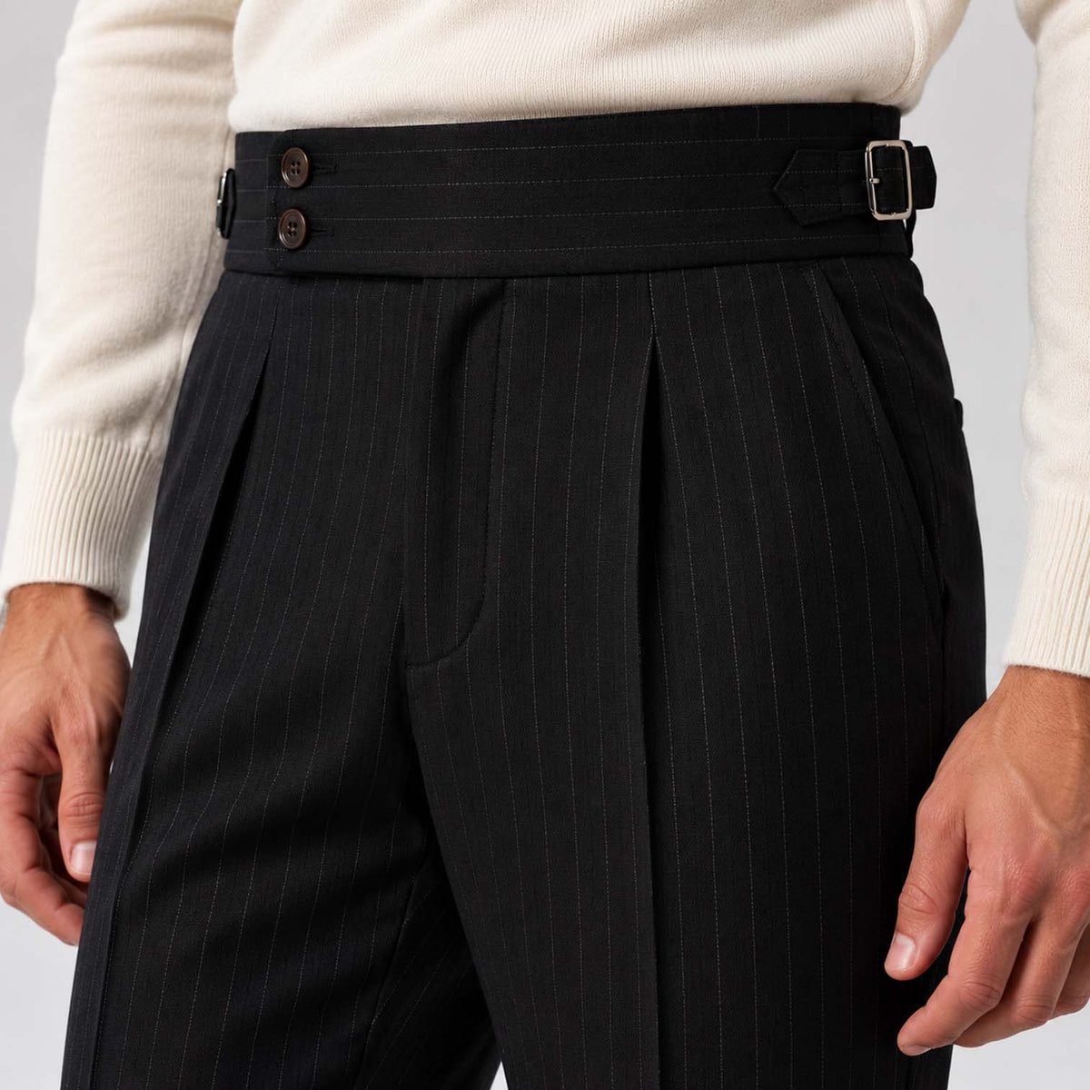 Monvaline | Men's High-Rise Pleated Tailored Trousers Pinstripe