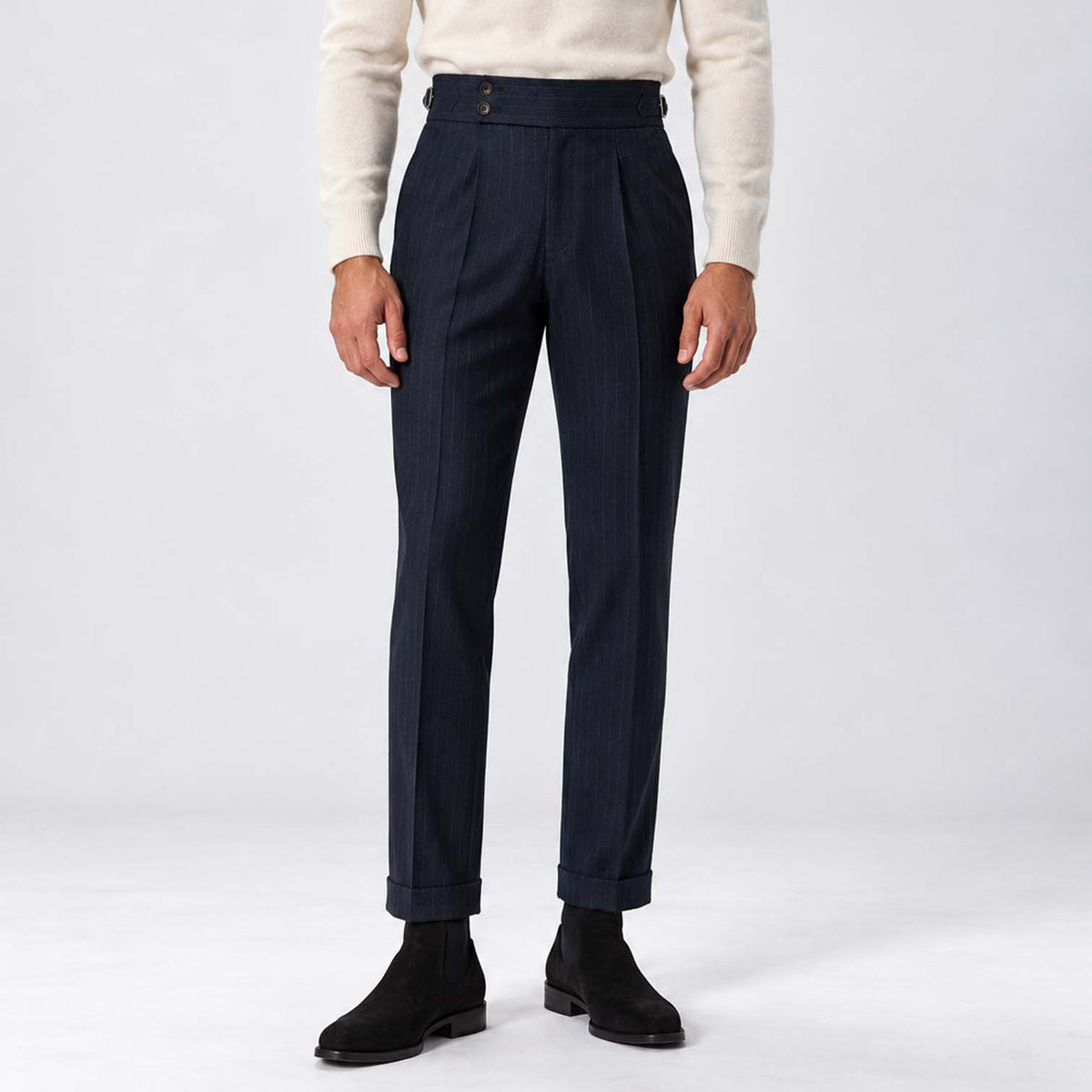 Monvaline | Men's High-Rise Pleated Tailored Trousers Pinstripe