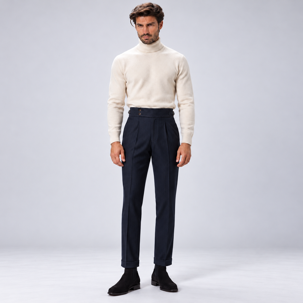 Monvaline | Men's High-Rise Pleated Tailored Trousers Pinstripe
