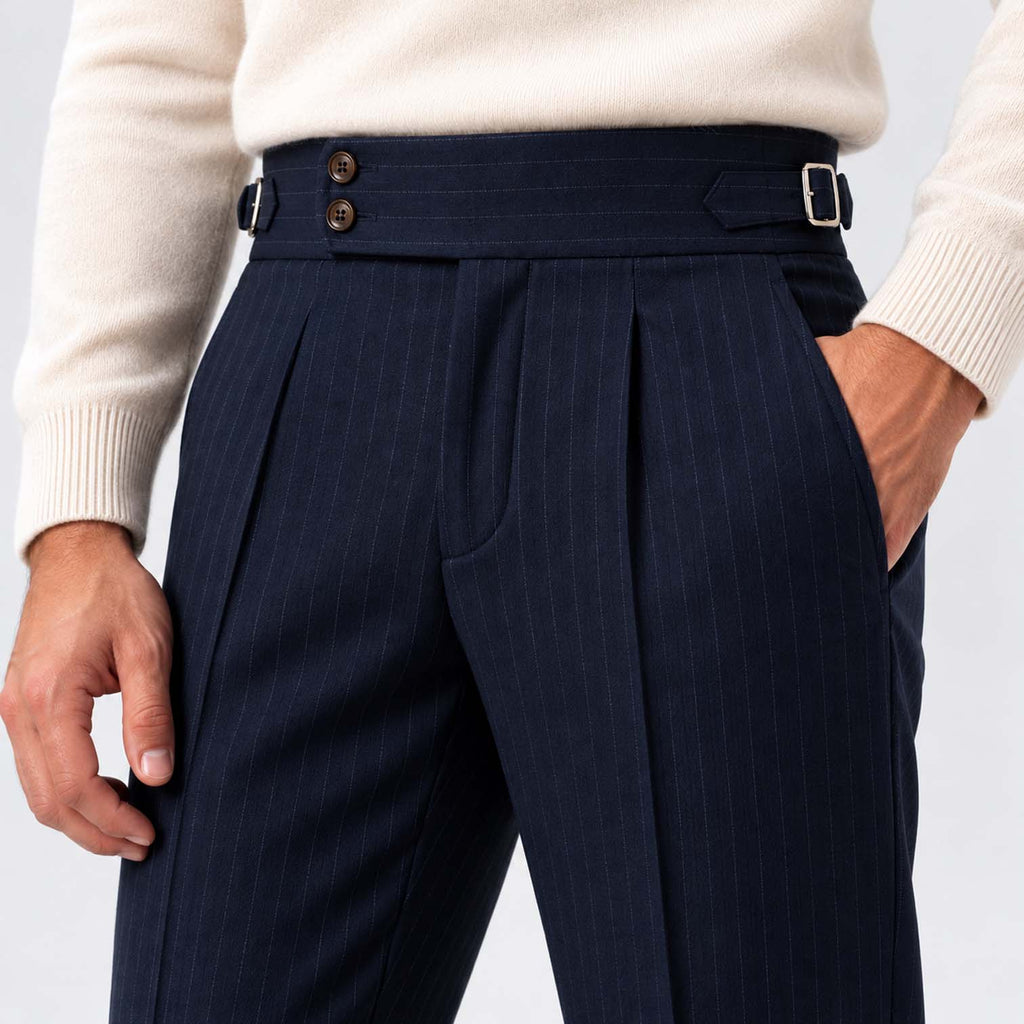 Monvaline | Men's High-Rise Pleated Tailored Trousers Pinstripe