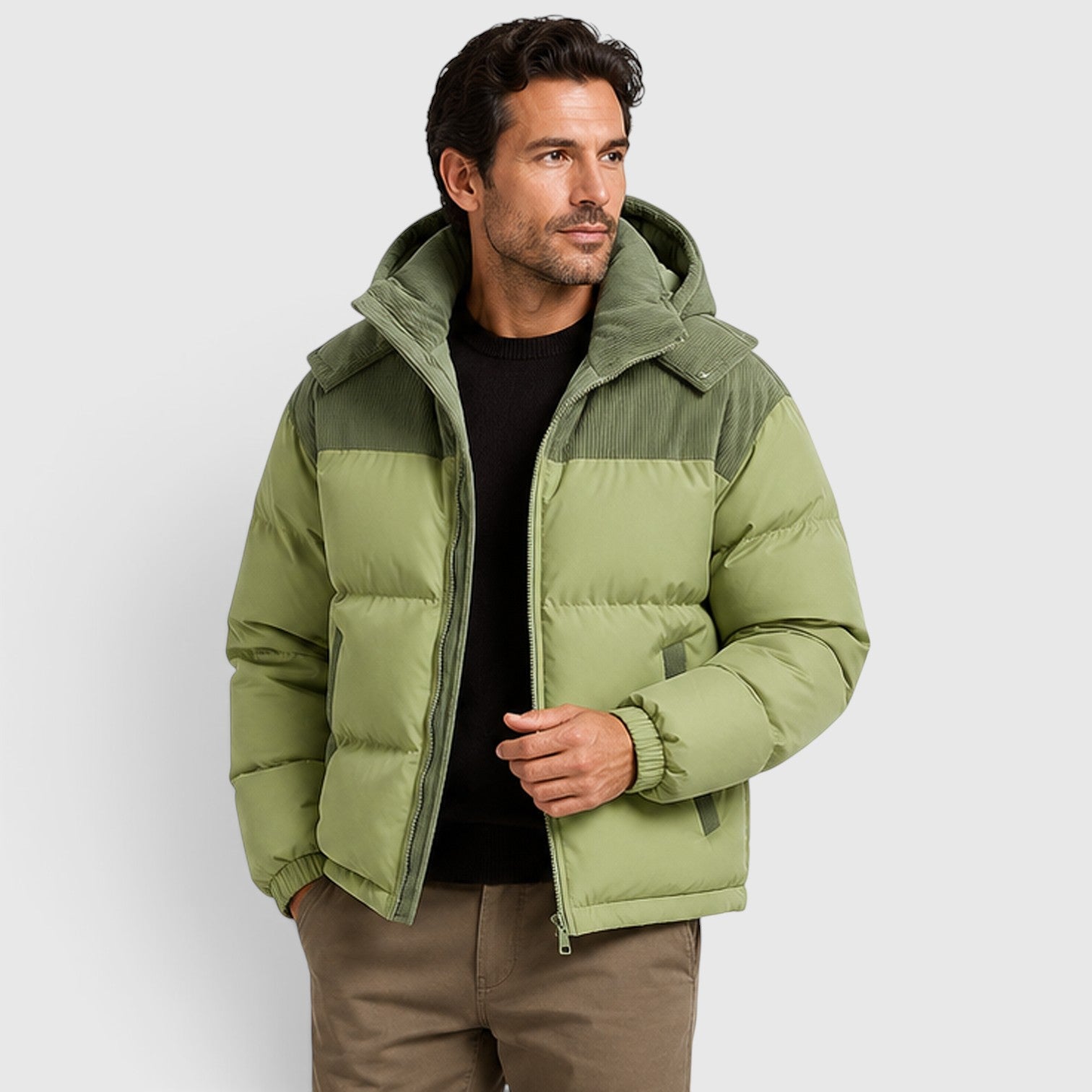 Monvaline | Men's Hooded Corduroy Puffer Jacket – Quilted Zip-Up