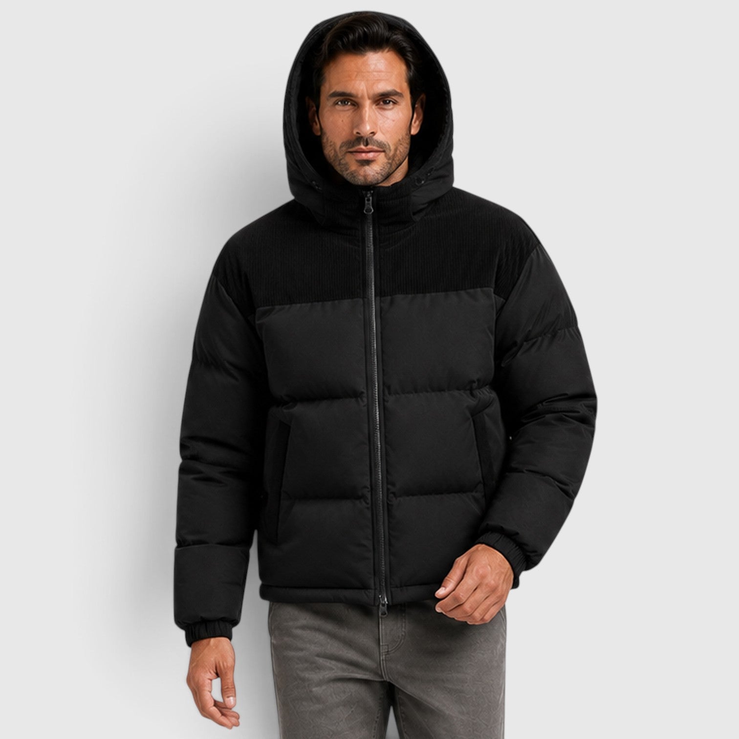 Monvaline | Men's Hooded Corduroy Puffer Jacket – Quilted Zip-Up