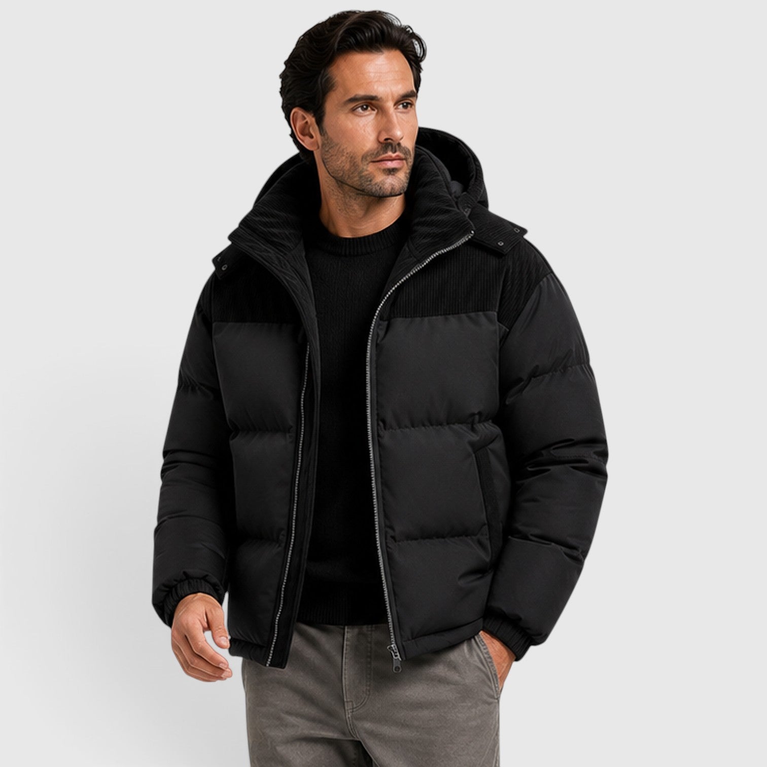 Monvaline | Men's Hooded Corduroy Puffer Jacket – Quilted Zip-Up