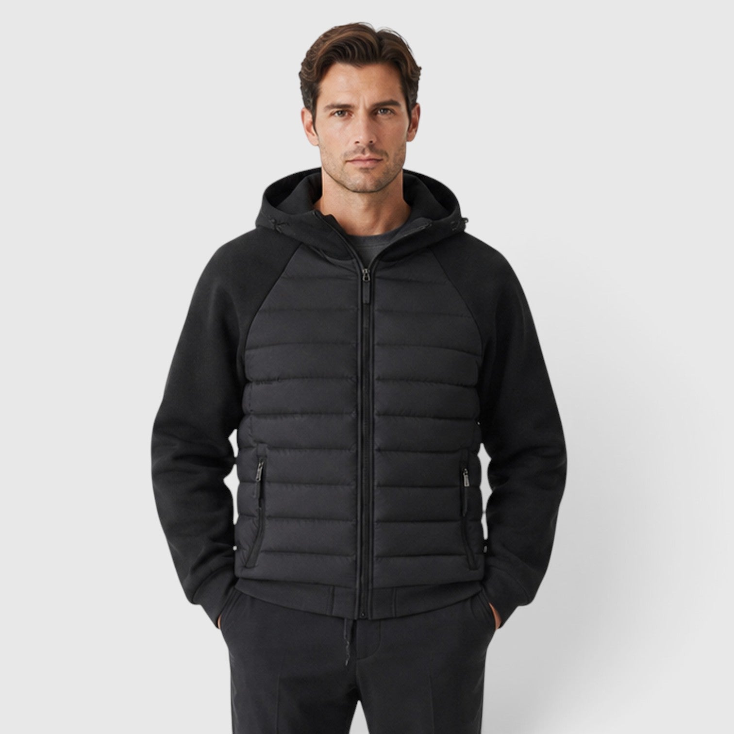 Monvaline | Men's Hooded Quilted Hybrid Jacket – Lightweight Zip Jacket