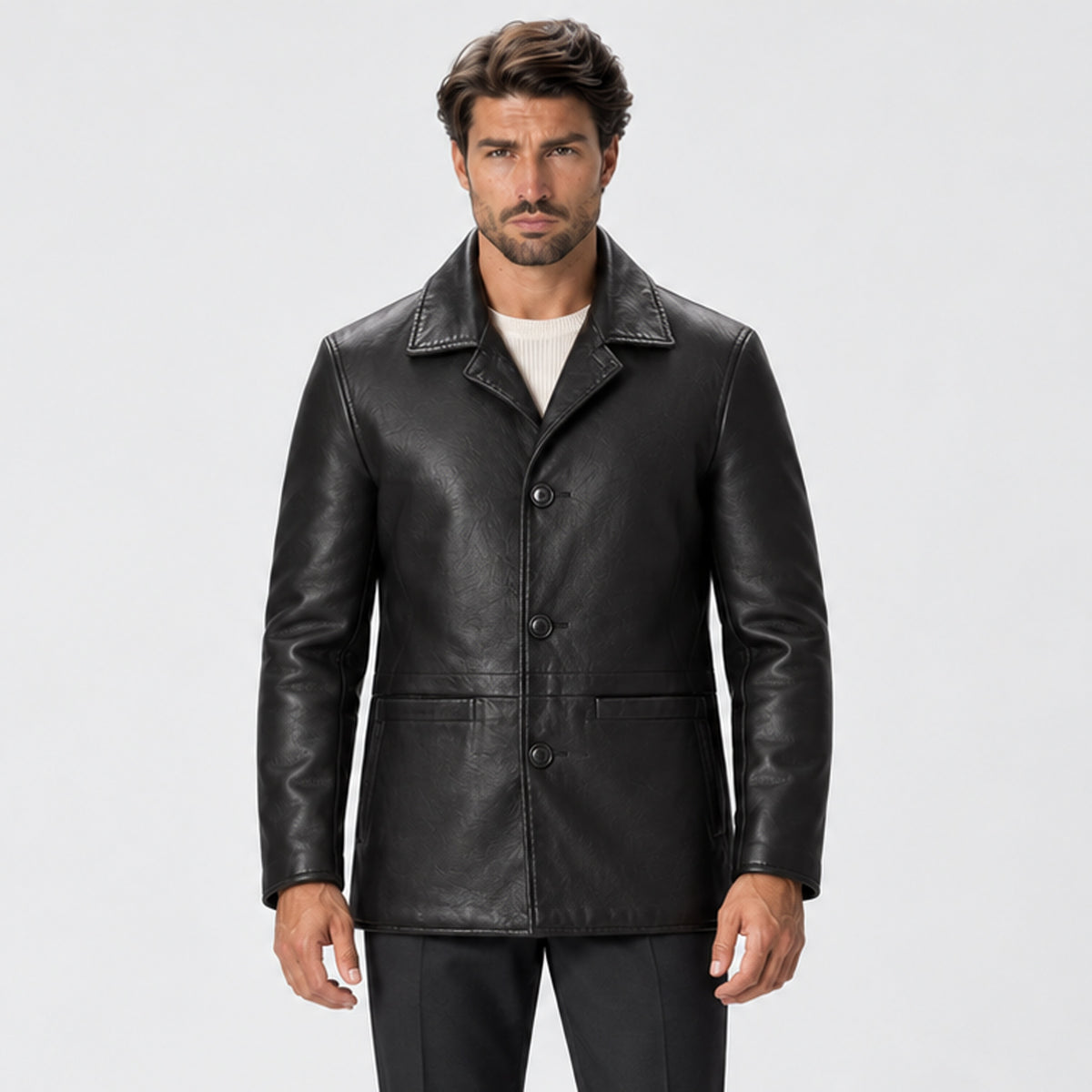 Monvaline | Men's Leather Coat Classic Button Front Mid Length
