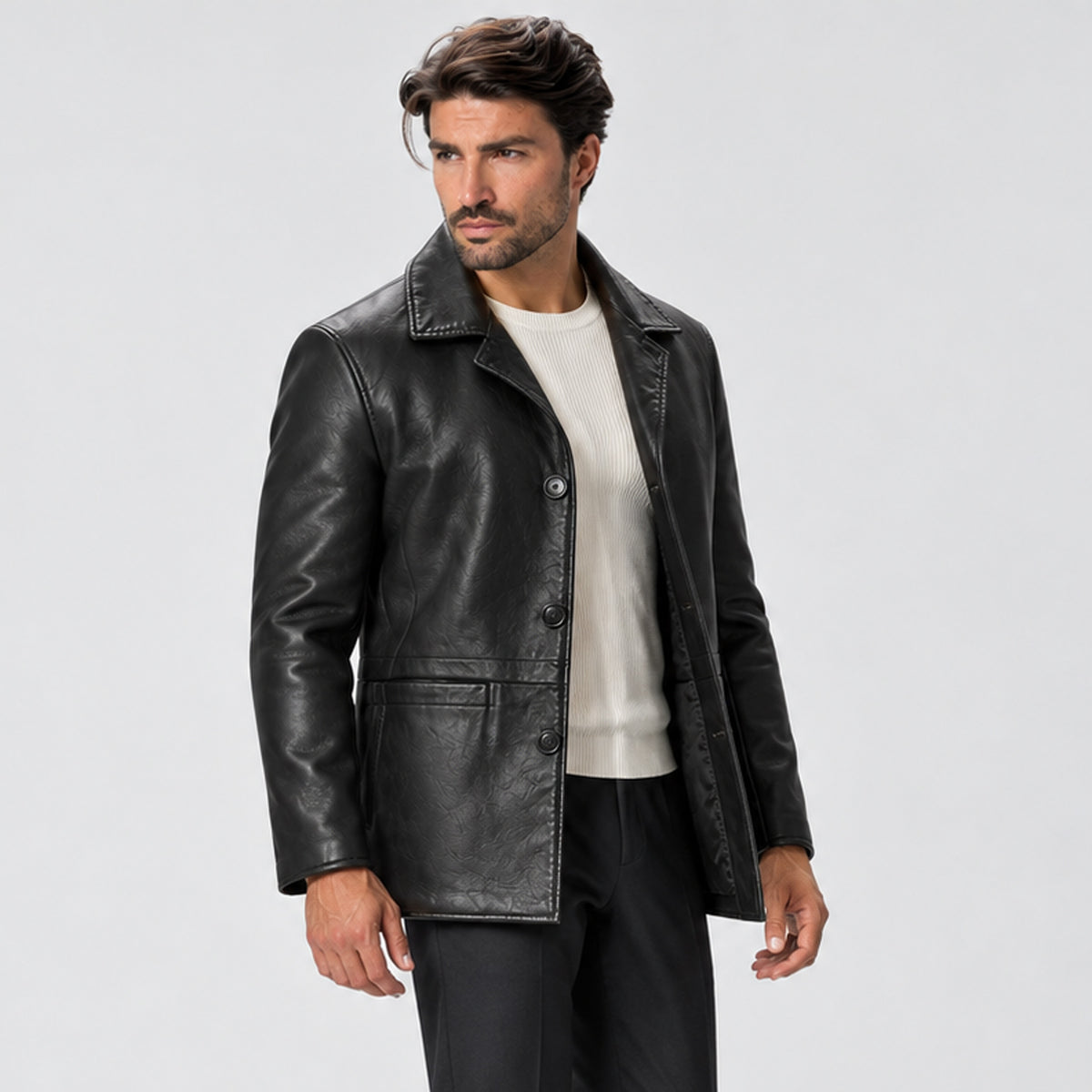 Monvaline | Men's Leather Coat Classic Button Front Mid Length