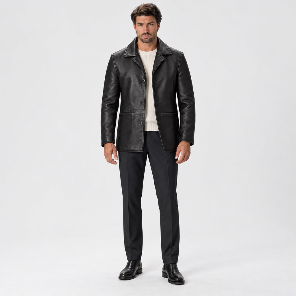 Monvaline | Men's Leather Coat Classic Button Front Mid Length