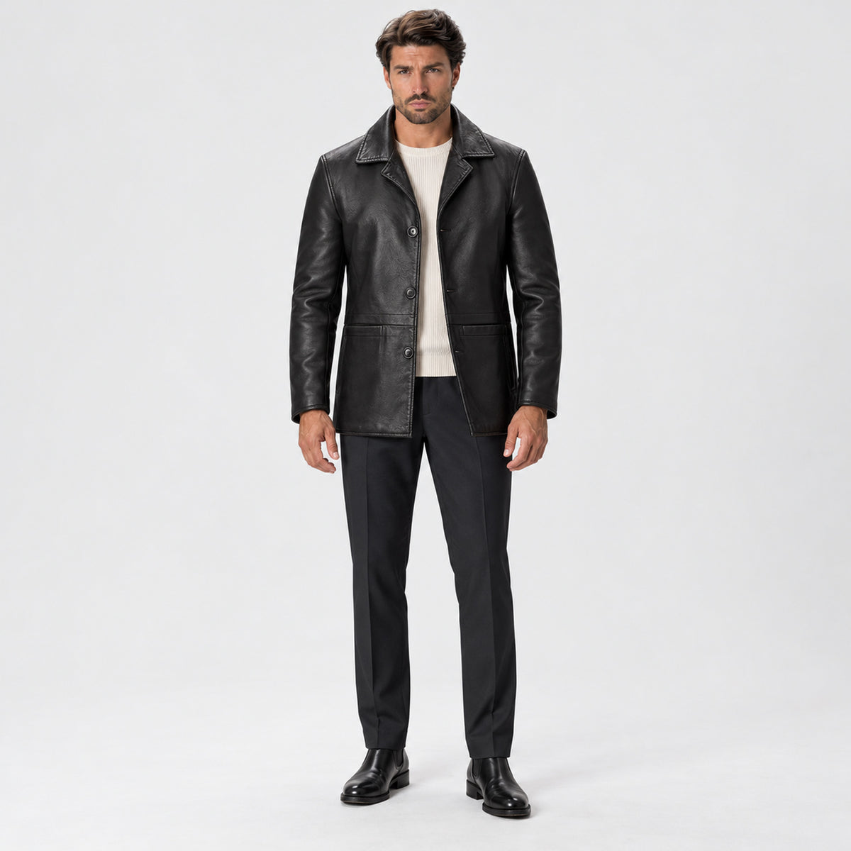 Monvaline | Men's Leather Coat Classic Button Front Mid Length