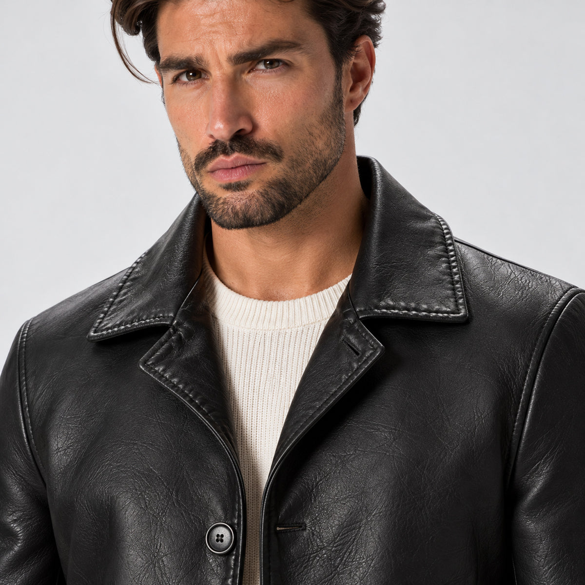 Monvaline | Men's Leather Coat Classic Button Front Mid Length