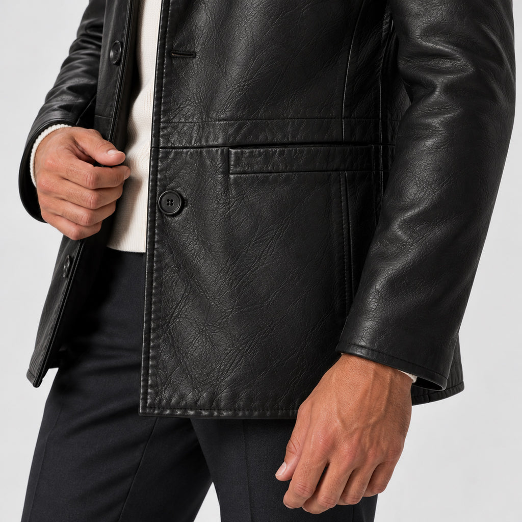 Monvaline | Men's Leather Coat Classic Button Front Mid Length