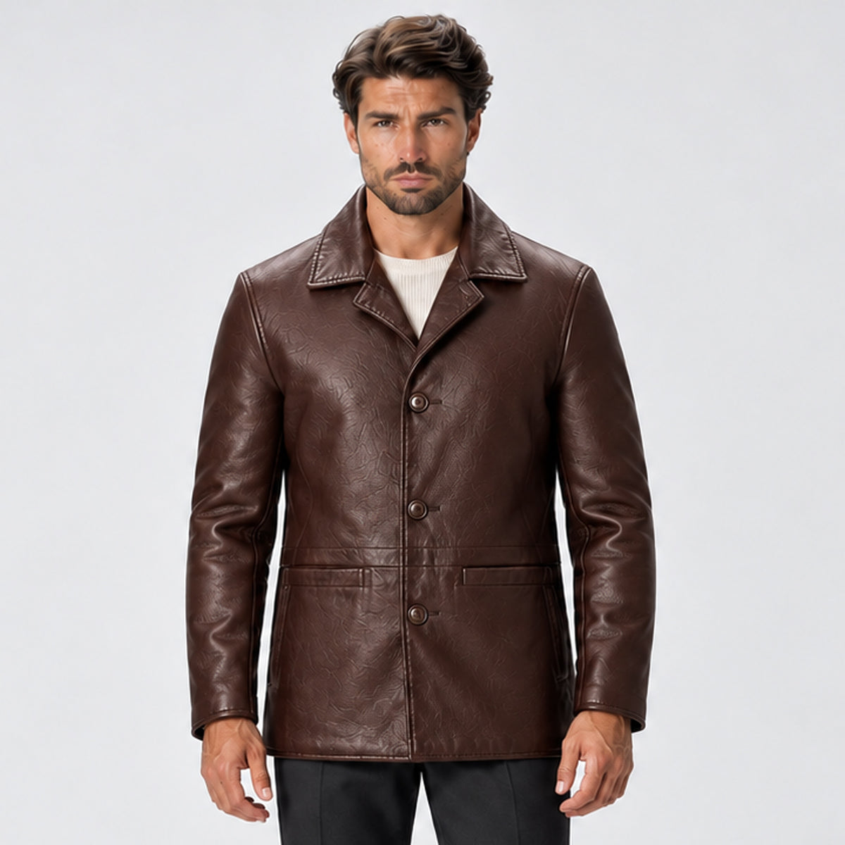 Monvaline | Men's Leather Coat Classic Button Front Mid Length