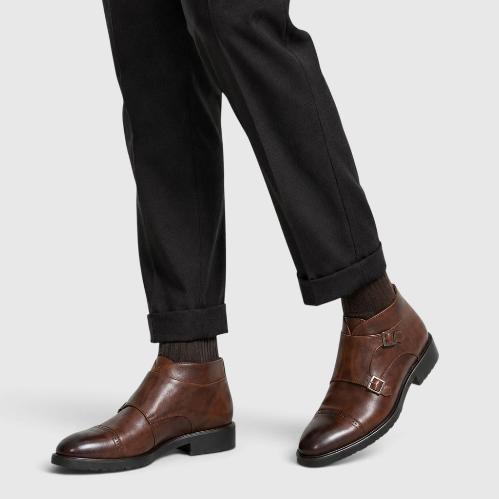 Monvaline | Men's Leather Double Monk Strap Dress Boots
