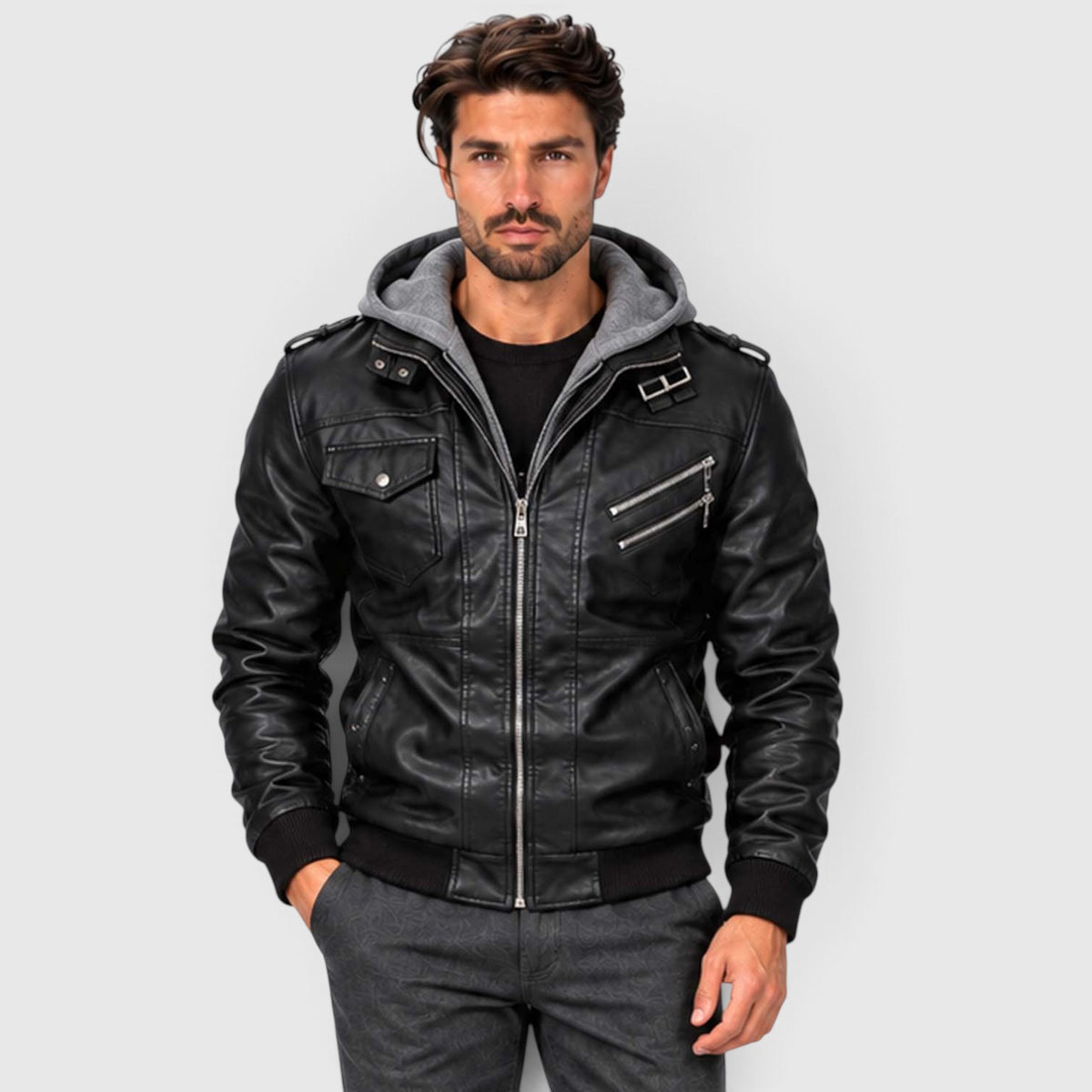 Monvaline | Men's Leather Look Jacket with Detachable Hood for Winter