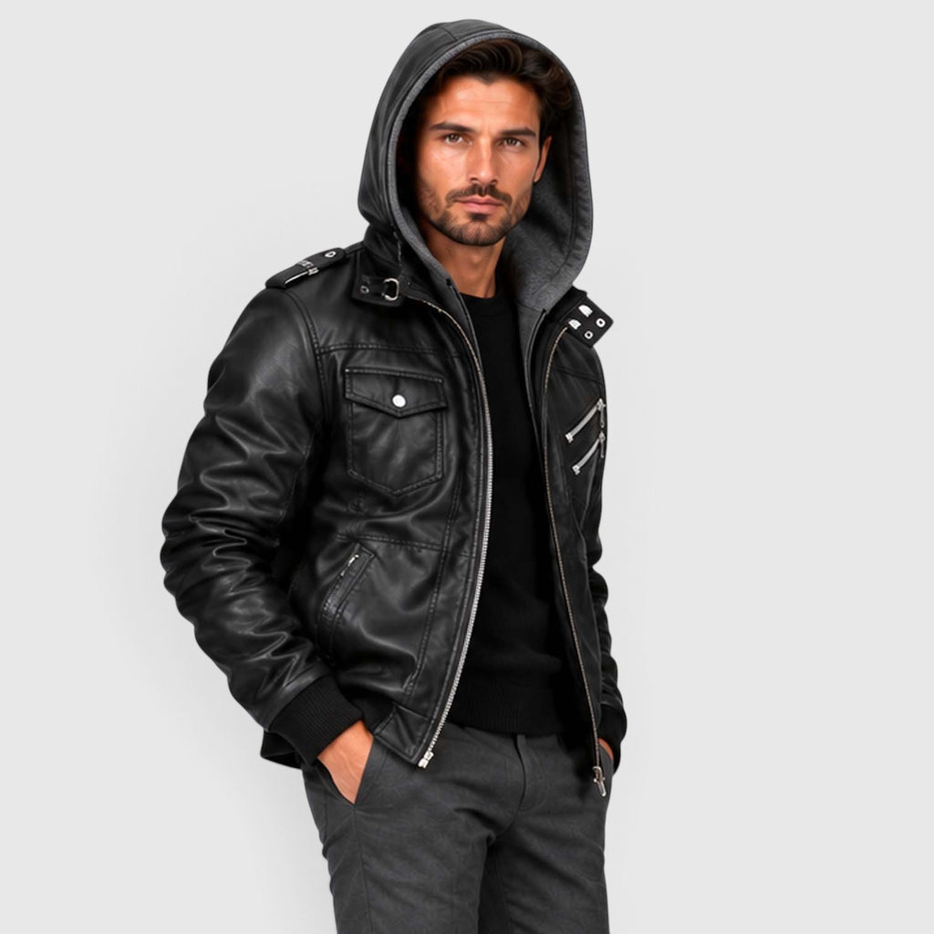 Monvaline | Men's Leather Look Jacket with Detachable Hood for Winter
